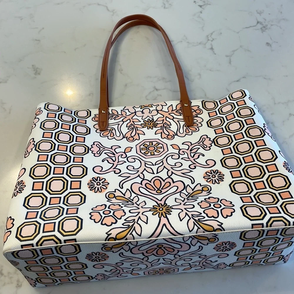 Tory Burch White, Tan & Yellow Printed Tote